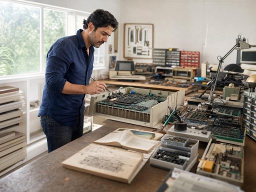 Technicien réparant un ordinateur vintage en atelier