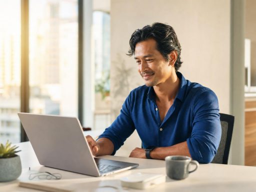 Homme souriant travaillant sur ordinateur portable au bureau