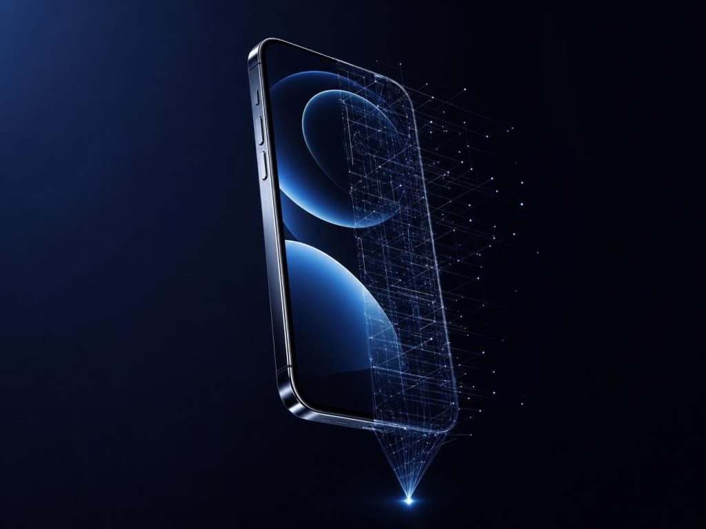 iPhone dissous en filaire lumineux, entre objet possédé et appareil loué via Apple Upgrade
