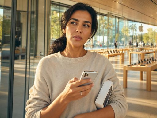 Femme tenant smartphone dans un Apple Store