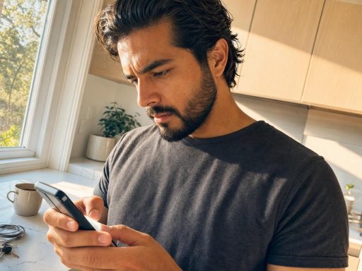 Homme concentré regardant son smartphone en cuisine