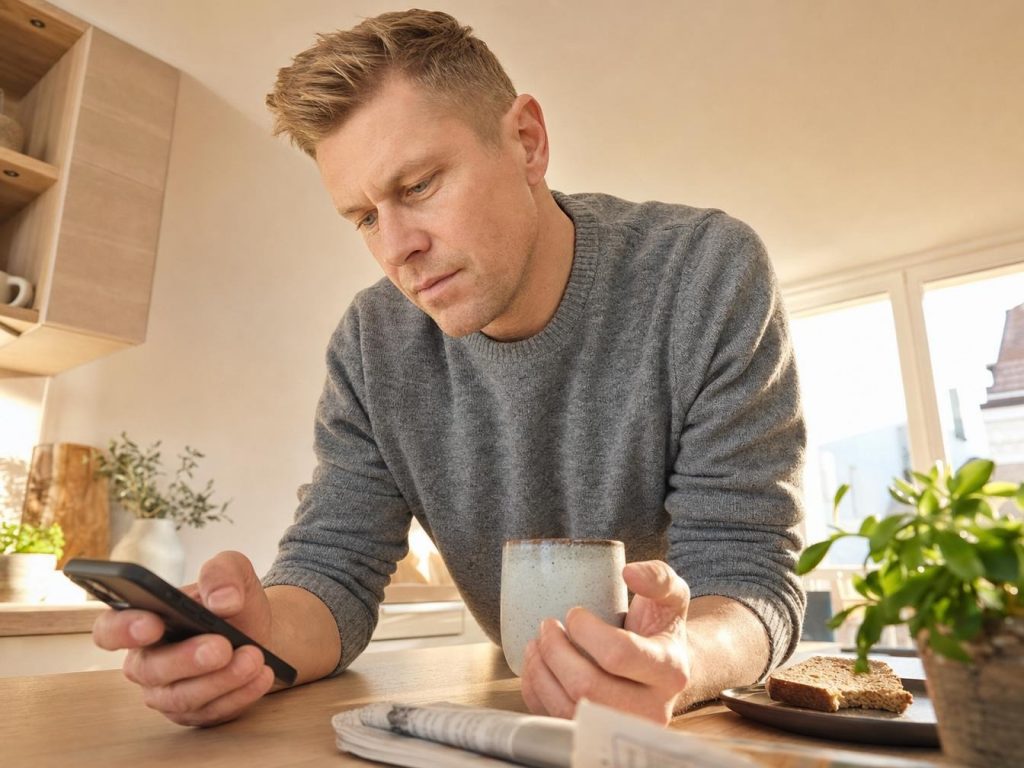 Homme consulte smartphone avec café en cuisine