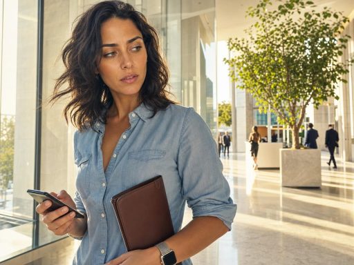 Femme tenant smartphone dans hall moderne lumineux