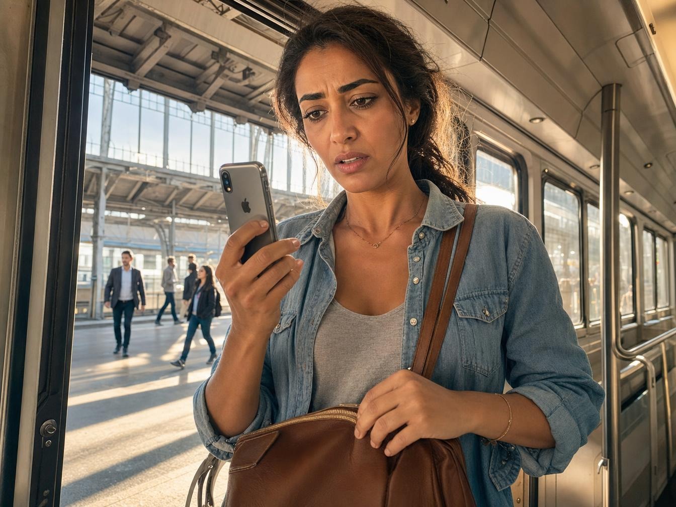 Femme inquiète regardant son téléphone dans un train
