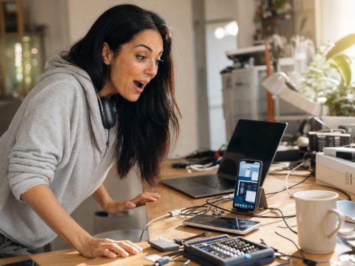 Femme surprise devant smartphone et matériel électronique sur établi