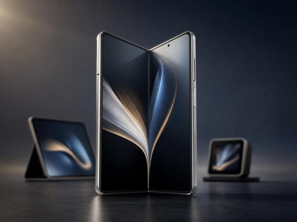 Smartphone pliable ouvert avec écran sombre aux reflets bleutés