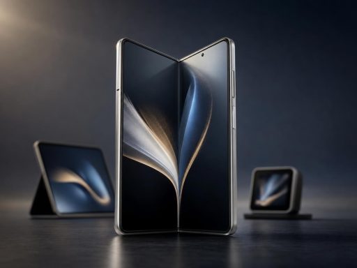 Smartphone pliable ouvert avec écran sombre aux reflets bleutés