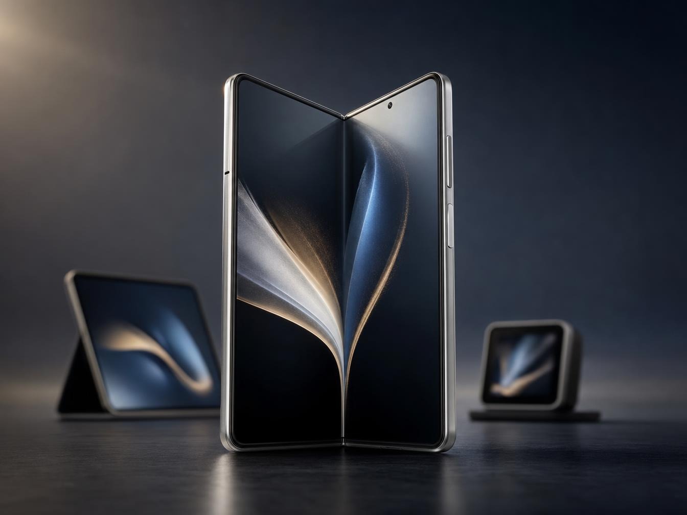 Smartphone pliable ouvert avec écran sombre aux reflets bleutés