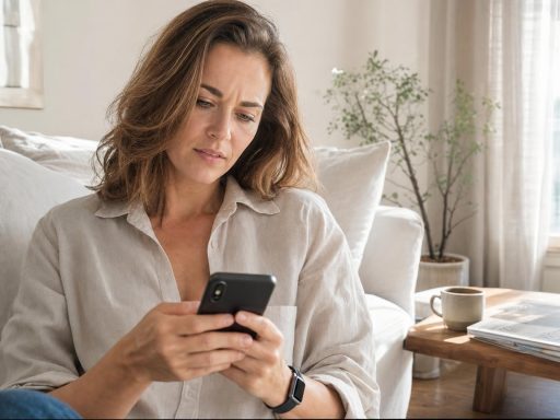 Femme préoccupée regardant son téléphone dans son salon