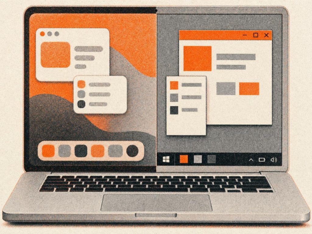 Écran d'un MacBook partagé entre l'interface macOS et le bureau Windows, illustrant le partitionnement Boot Camp