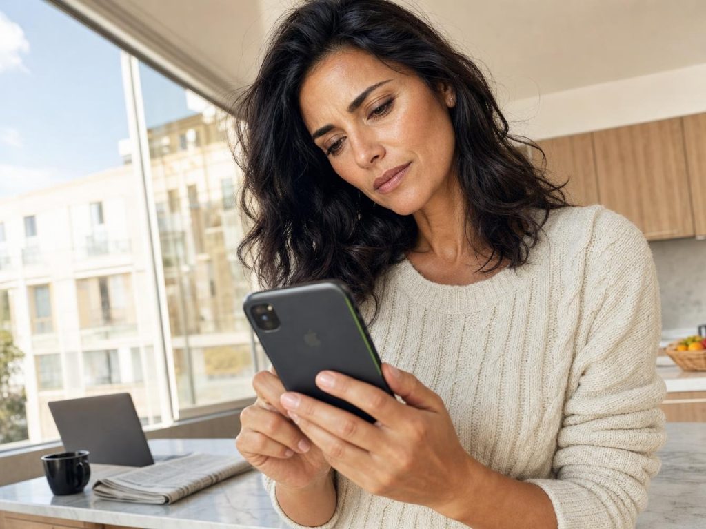 Femme consultant son smartphone dans une cuisine lumineuse