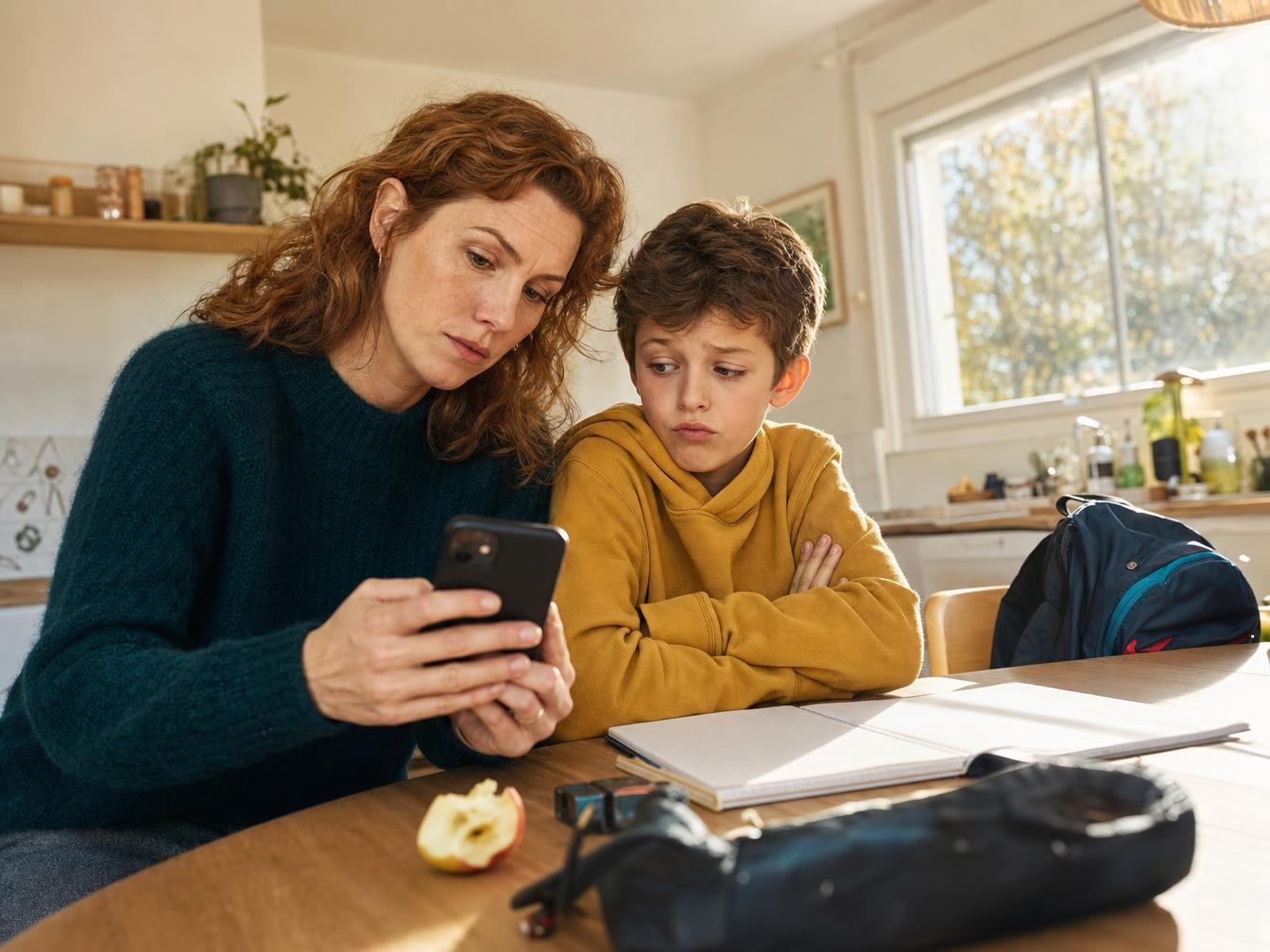 Mère et fils inquiets regardant un téléphone à table