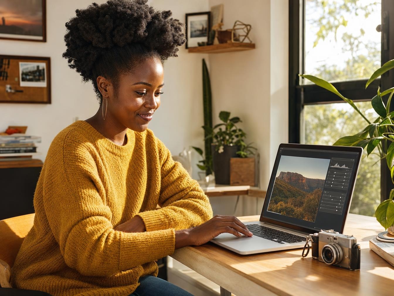 Photographe retouchant une photo de montagne sur ordinateur portable
