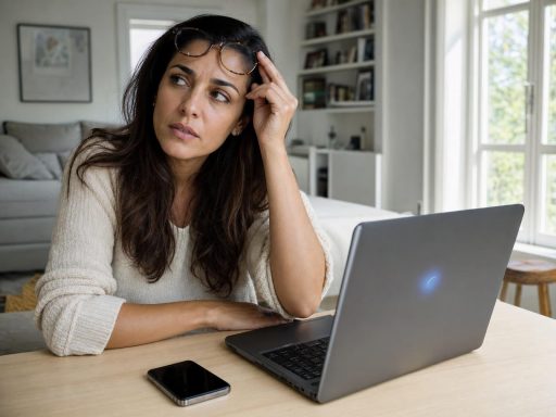 Femme préoccupée devant un ordinateur portable à domicile