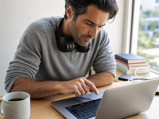 Homme travaillant sur ordinateur portable avec casque autour du cou
