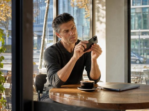 Homme consultant son smartphone dans un café lumineux