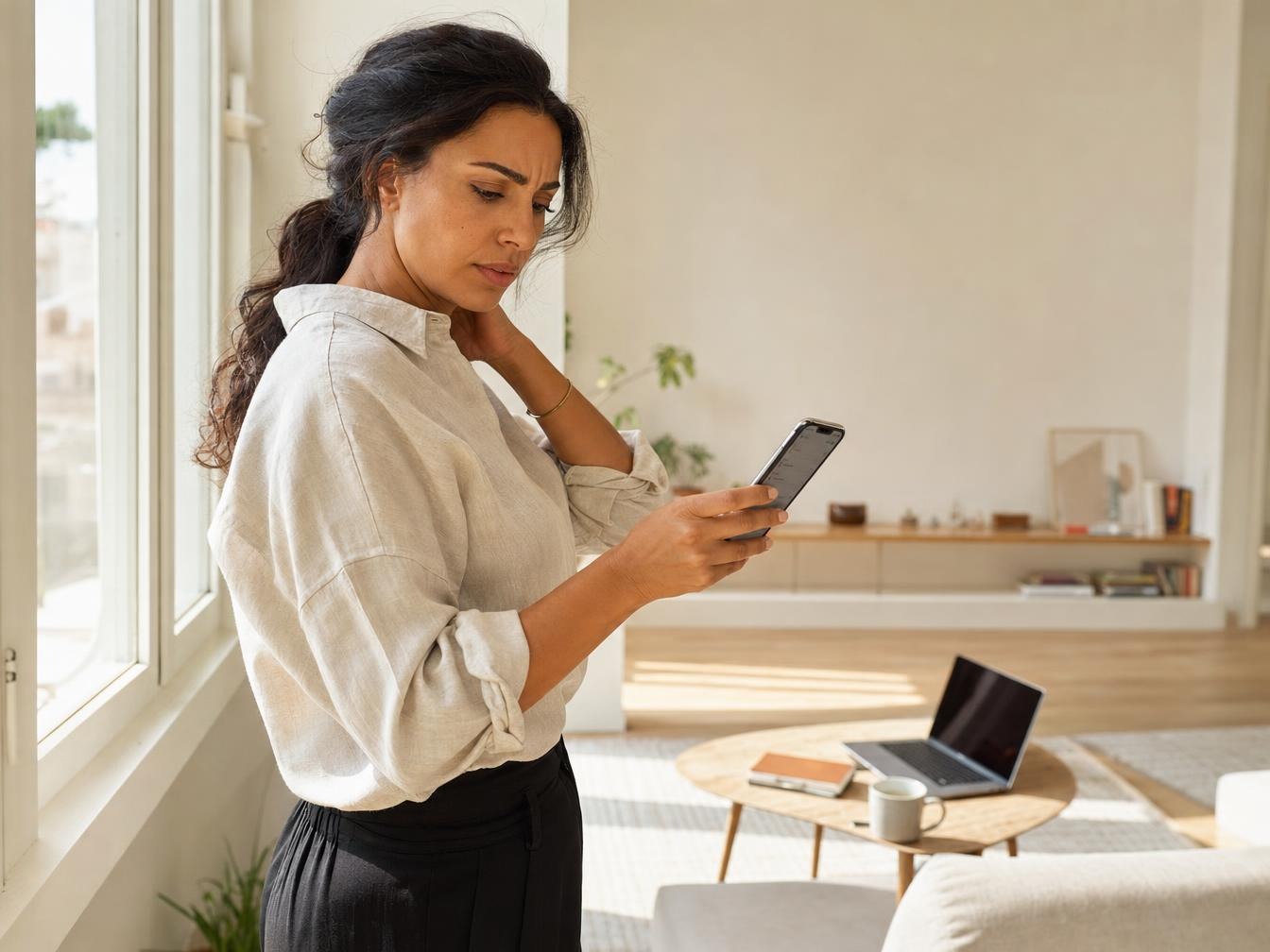 Femme préoccupée consultant son smartphone dans un salon lumineux