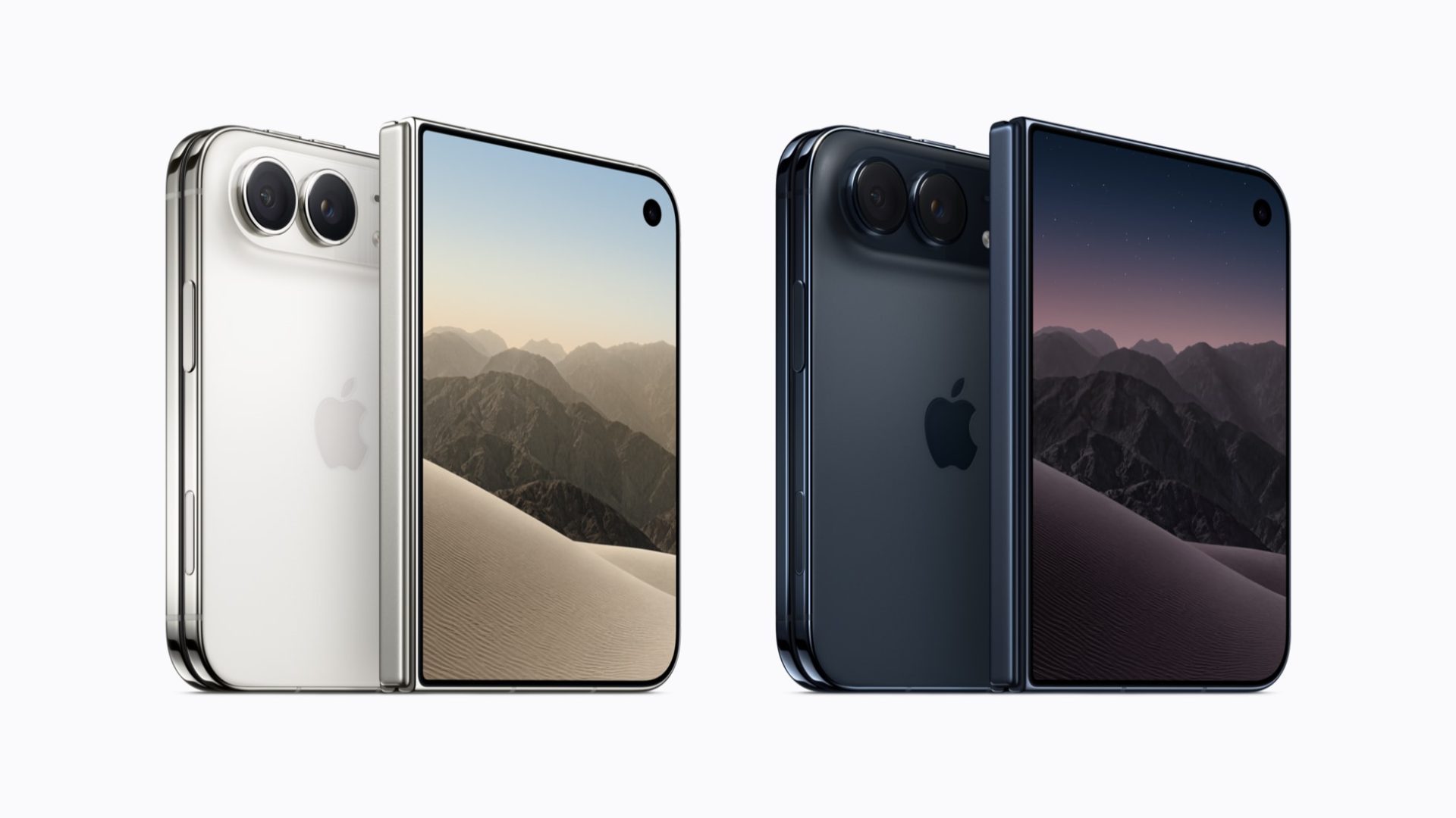 iPhone Duo d'Apple en finitions Star White et Night Sky, vu de dos avec son double capteur photo et de face avec l'écran intérieur