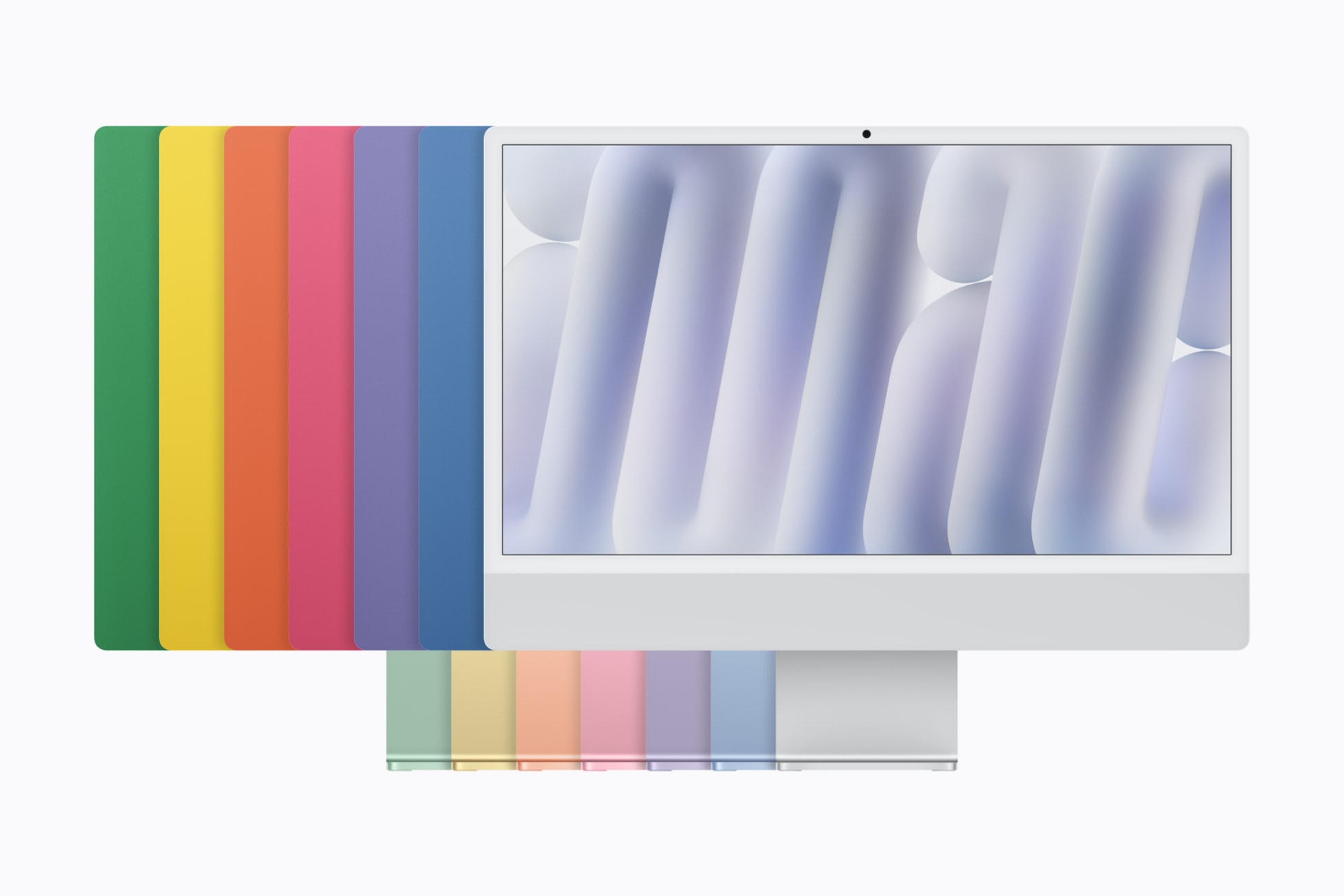 iMac M6 en sept coloris : bleu, vert, rose, jaune, mauve, orange et argent, visuel officiel Apple