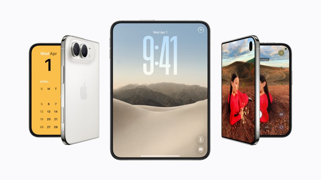 iPhone Duo en trois vues : dos avec double capteur photo, écran intérieur déplié et écran extérieur