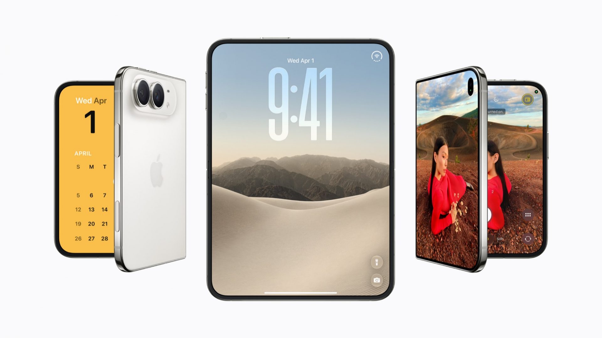 iPhone Duo en trois vues : dos avec double capteur photo, écran intérieur déplié et écran extérieur