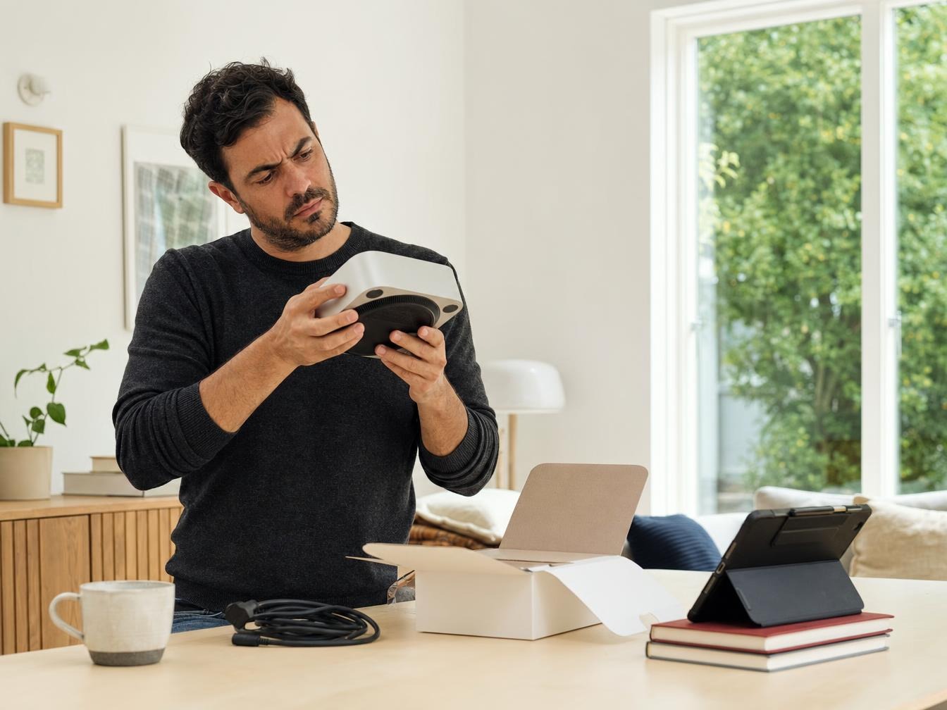 Homme examinant un appareil électronique à domicile